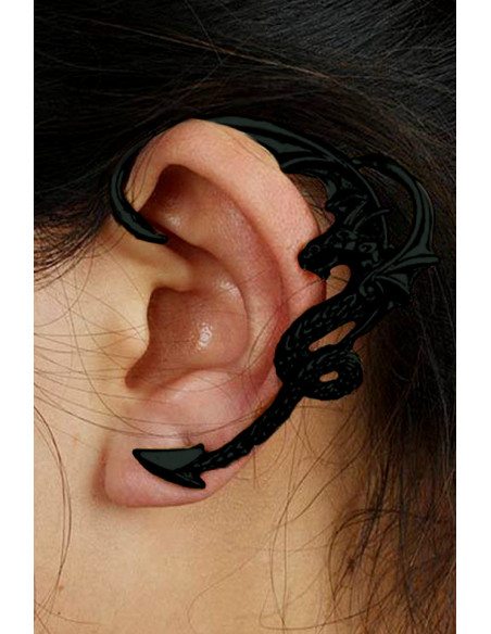 Cercel tip ear cuff, model cu dragon cu aripi incovoiate pe toata urechea, prindere in ureche