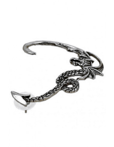 Cercel tip ear cuff, model cu dragon cu aripi incovoiate pe toata urechea, prindere in ureche