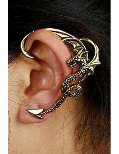 Cercel tip ear cuff, model cu dragon cu aripi incovoiate pe toata urechea, prindere in ureche