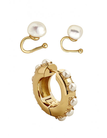 Set elegant, ear cuff si cercel rotund, cu perle albe de cultura