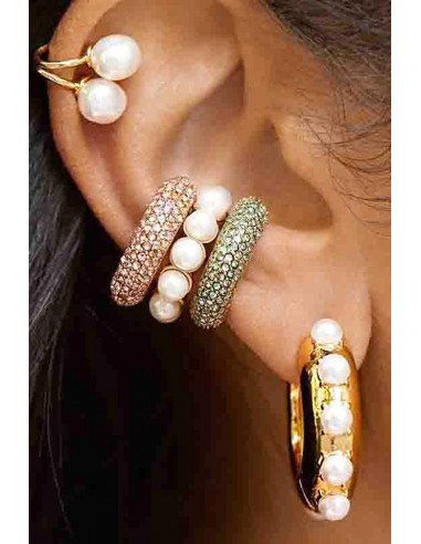 Set elegant, ear cuff si cercel rotund, cu perle albe de cultura