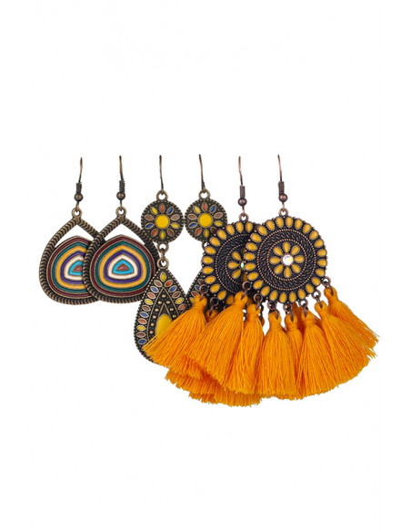 Set de 3 perechi de cercei etnici, medalioane florale multicolore si canafi