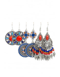 Set de 3 perechi de cercei boho, modele florale pictate, cu margelute si frunzulite