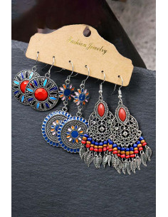 Set de 3 perechi de cercei boho, modele florale pictate, cu margelute si frunzulite 2