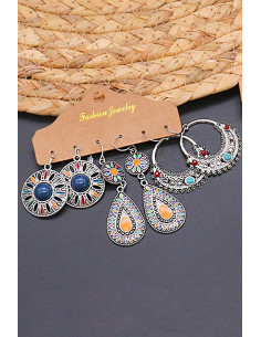 Set de 3 perechi de cercei boho, modele etnice pictate multicolor 2