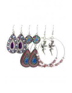 Set de 3 perechi de cercei boho, pictati, cercuri cu margelute si zana