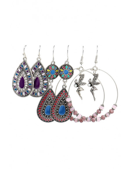 Set de 3 perechi de cercei boho, pictati, cercuri cu margelute si zana