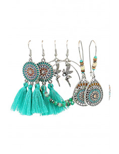 Set de 3 perechi de cercei boho, pictati, cercuri cu margelute si canafi