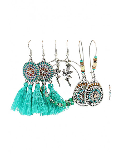 Set de 3 perechi de cercei boho, pictati, cercuri cu margelute si canafi