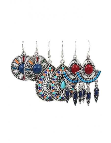 Set de 3 perechi de cercei boho, modele florale pictate, cu margele, tip candelabru