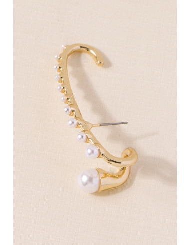Cercel ear cuff elegant, tija lunga cu carlig, decorata cu perlute
