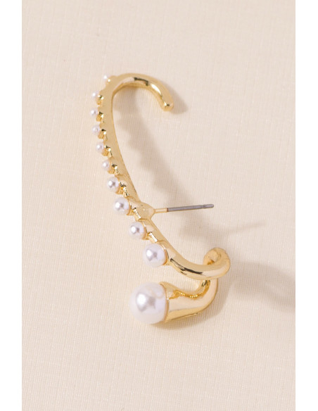 Cercel ear cuff elegant, tija lunga cu carlig, decorata cu perlute