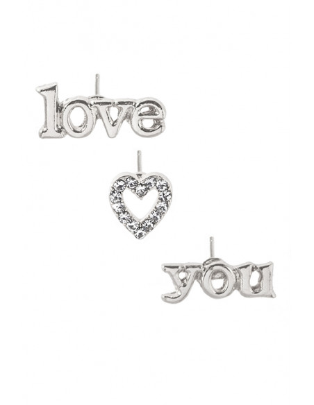 Set 3 cercei minimal, cu mesaj "Love you", inimioara si cristale
