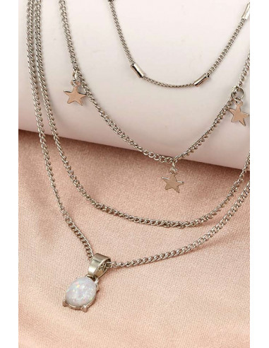 Colier multilayer, patru lantisoare cu stelute, cristal opalescent si tuburi metalice