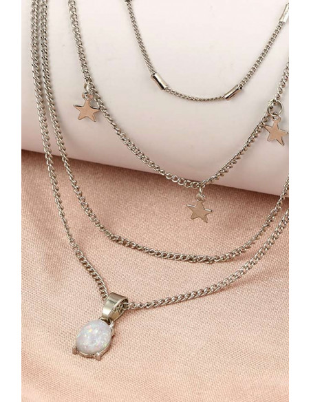 Colier multilayer, patru lantisoare cu stelute, cristal opalescent si tuburi metalice