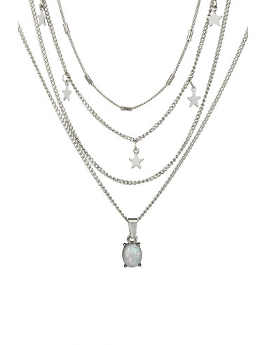 Colier multilayer, patru lantisoare cu stelute, cristal opalescent si tuburi metalice