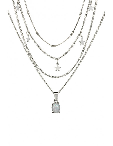 Colier multilayer, patru lantisoare cu stelute, cristal opalescent si tuburi metalice