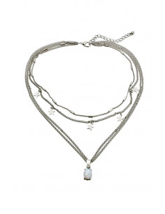 Colier multilayer, patru lantisoare cu stelute, cristal opalescent si tuburi metalice 2