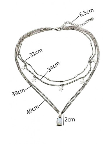 Colier multilayer, patru lantisoare cu stelute, cristal opalescent si tuburi metalice