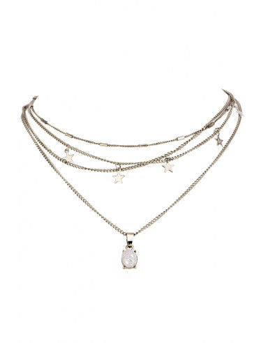 Colier multilayer, patru lantisoare cu stelute, cristal opalescent si tuburi metalice