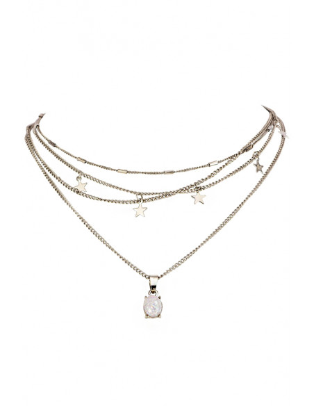 Colier multilayer, patru lantisoare cu stelute, cristal opalescent si tuburi metalice