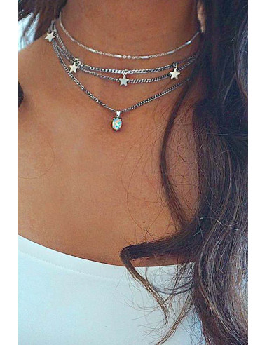 Colier multilayer, patru lantisoare cu stelute, cristal opalescent si tuburi metalice