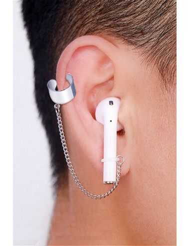 Cercel ear cuff pentru casti wireless, veriga lata prinsa cu lantisor