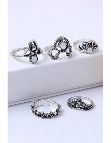 Set 5 inele de inspiratie baroca, modele florale cu margele albe