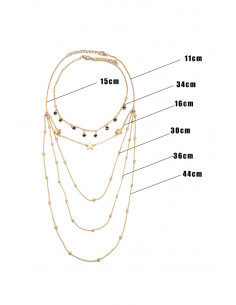 Colier multilayer cu cinci lantisoare, stelute, bilute metalice si cristale 2
