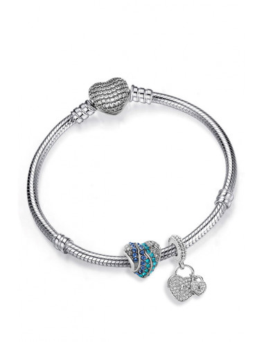 Bratara placata cu argint tip Pandora, inimioara cu cristale bleu si pandantiv cu 2 inimioare