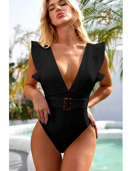 Costum de baie intreg, decolteu adanc, volane si curea cu catarama