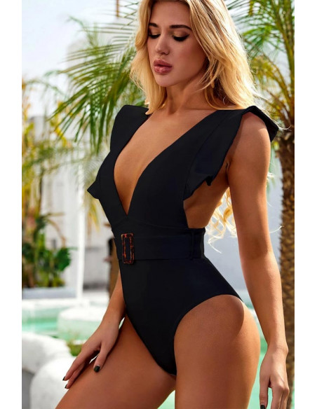 Costum de baie intreg, decolteu adanc, volane si curea cu catarama