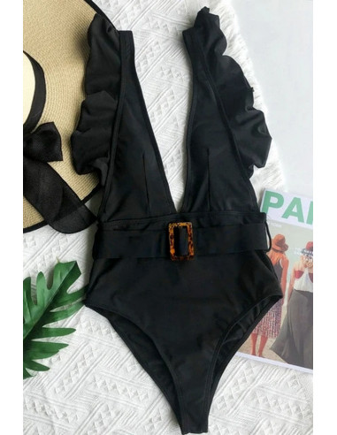 Costum de baie intreg, decolteu adanc, volane si curea cu catarama
