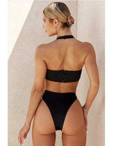 Costum de baie intreg, sold inalt, fermoar la spate si inel