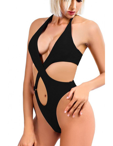Costum de baie intreg, sold inalt, fermoar la spate si inel