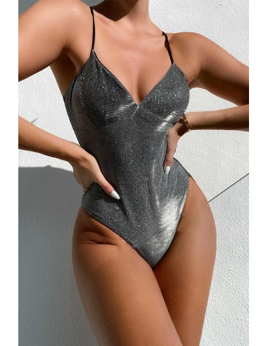 Costum de baie intreg elegant, argintiu cu sclipici