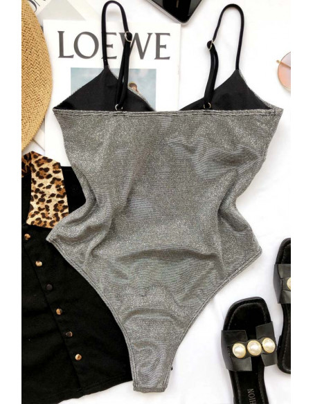 Costum de baie intreg elegant, argintiu cu sclipici