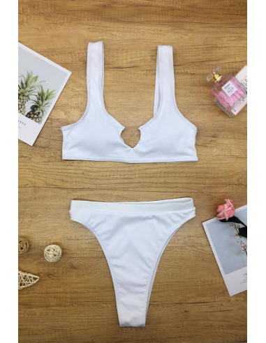 Costum de baie doua piese, bustiera cu decolteu in V si slip cu talie inalta