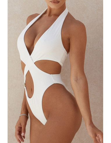 Costum de baie intreg, alb, sold inalt, fermoar la spate si inel