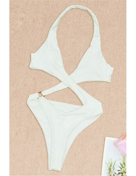 Costum de baie intreg, alb, sold inalt, fermoar la spate si inel