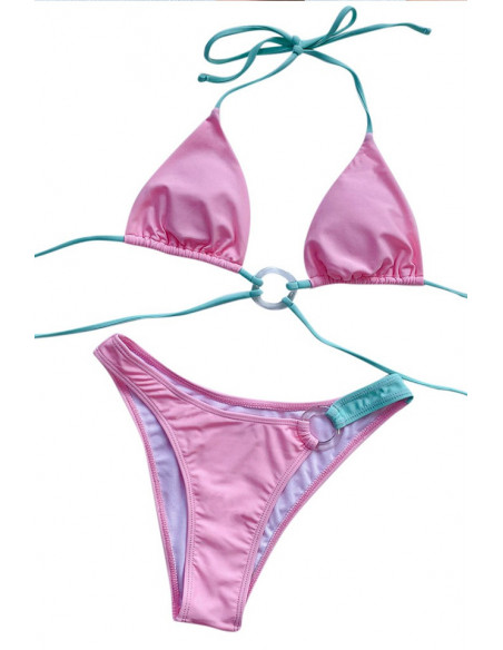 Costum de baie doua piese, roz cu snururi verzi, slip inalt, cupe triunghiulare si inele