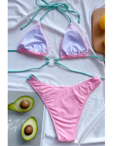 Costum de baie doua piese, roz cu snururi verzi, slip inalt, cupe triunghiulare si inele