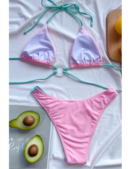 Costum de baie doua piese, roz cu snururi verzi, slip inalt, cupe triunghiulare si inele