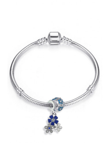 Bratara placata cu argint tip Pandora, pandantiv si charm cu floricele albastre
