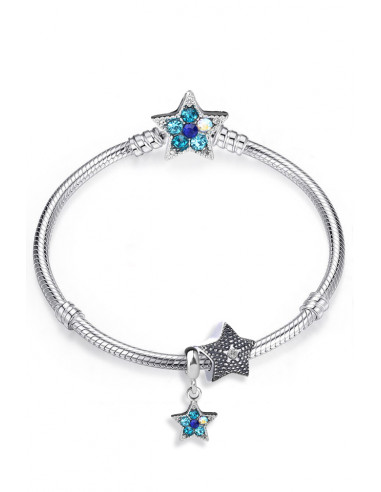 Bratara placata cu argint tip Pandora, charm si pandantiv cu stelute si cristale albastre