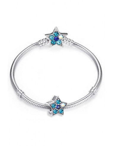 Bratara placata cu argint tip Pandora, charm si incuietoare stelute cu cristale bleu