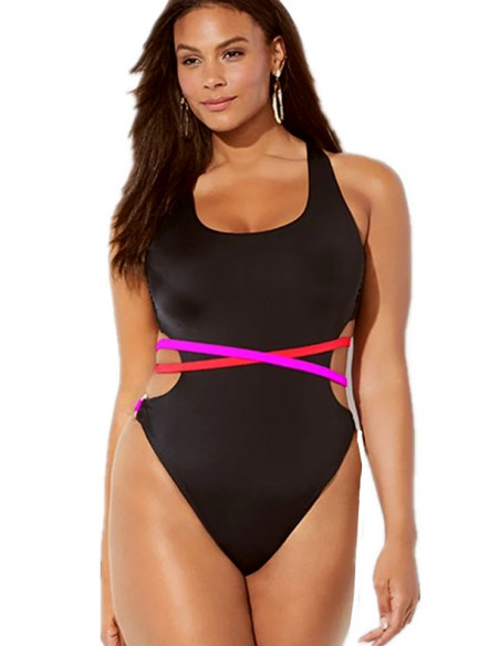 Costum de baie intreg, barete late, incrucisate in fata si spate