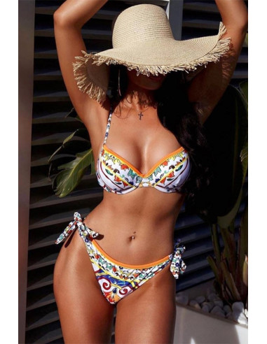 Costum de baie doua piese, imprimeu floral, cupe tari si slip ajustabil