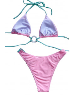 Costum de baie doua piese, roz cu snururi verzi, slip inalt, cupe triunghiulare si inele 2