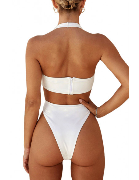 Costum de baie intreg, alb, sold inalt, fermoar la spate si inel